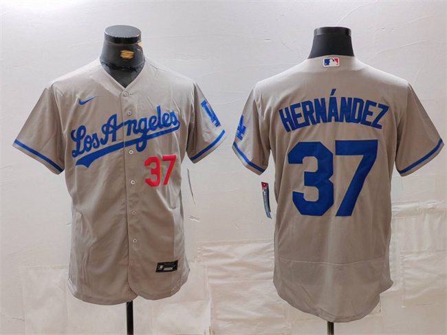 Men's Los Angeles Dodgers #37 Teoscar Hernández Grey Flex Base Stitched Baseball Jersey